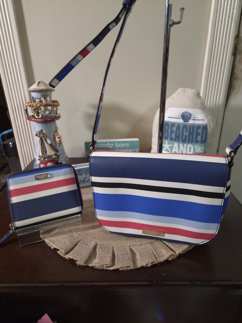 kate spade Navy, Blue, White & Pink Striped Crossbody Bag
